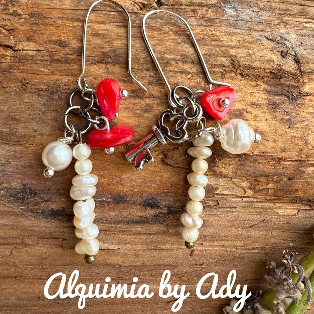 Rice pearls and coral earrings